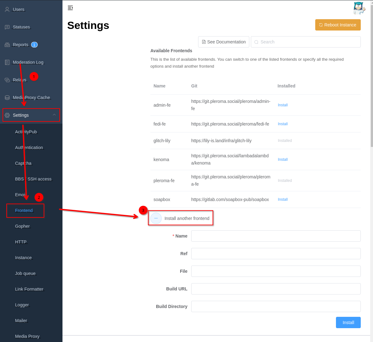 screenshot of admin-fe with instructions on how to install a frontend